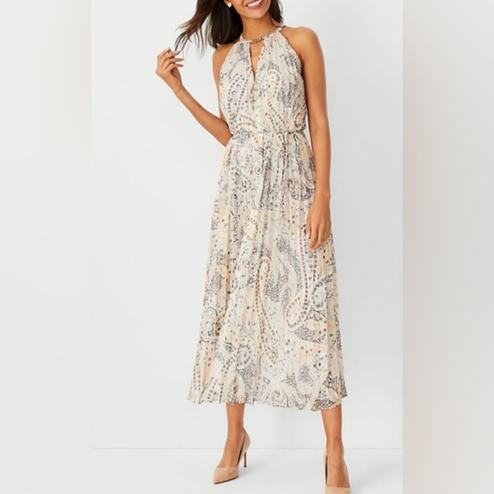 Ann Taylor Shimmer Pleated Cream and Gray Paisley Halter Dress